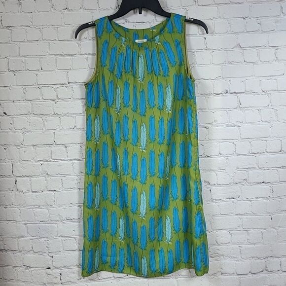 Fossil Silky Soft Feather Print Green Shift Dress Microfiber Sleeveless Tribal - Picture 10 of 10